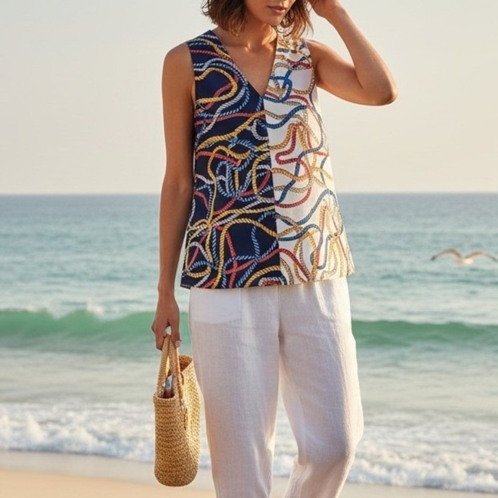 MNG Suit Women Sleeveless Blouse Size 4 Nautical Rope Print Split Colorblock Top